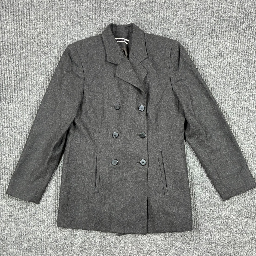 Vintage Amanda Smith Womens Size 12 Pure Wool Gray Double Breasted Blazer Jacket